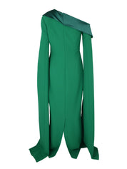 Asymmetric off-shoulder gown with caped sleeves