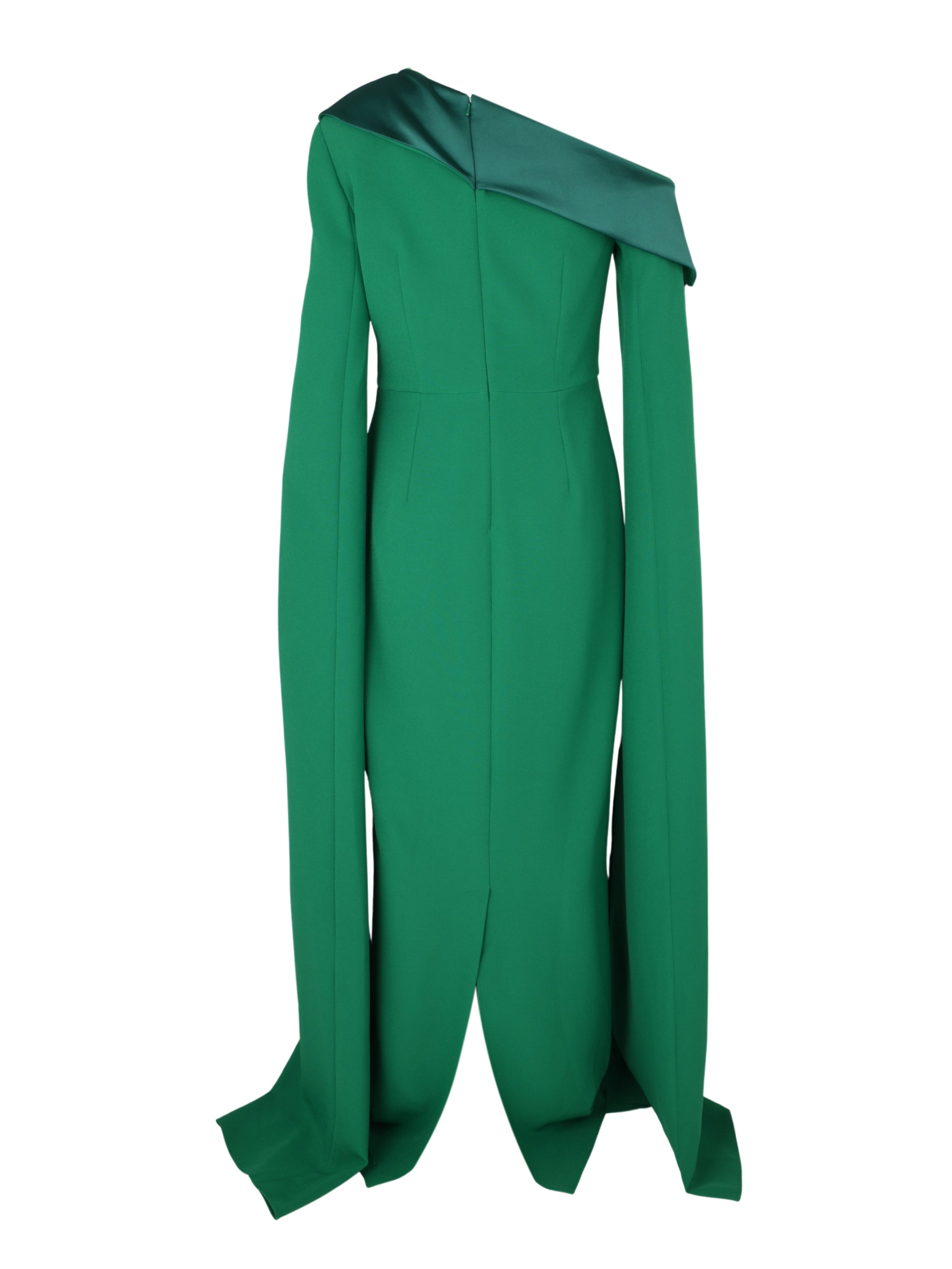 Asymmetric off-shoulder gown with caped sleeves