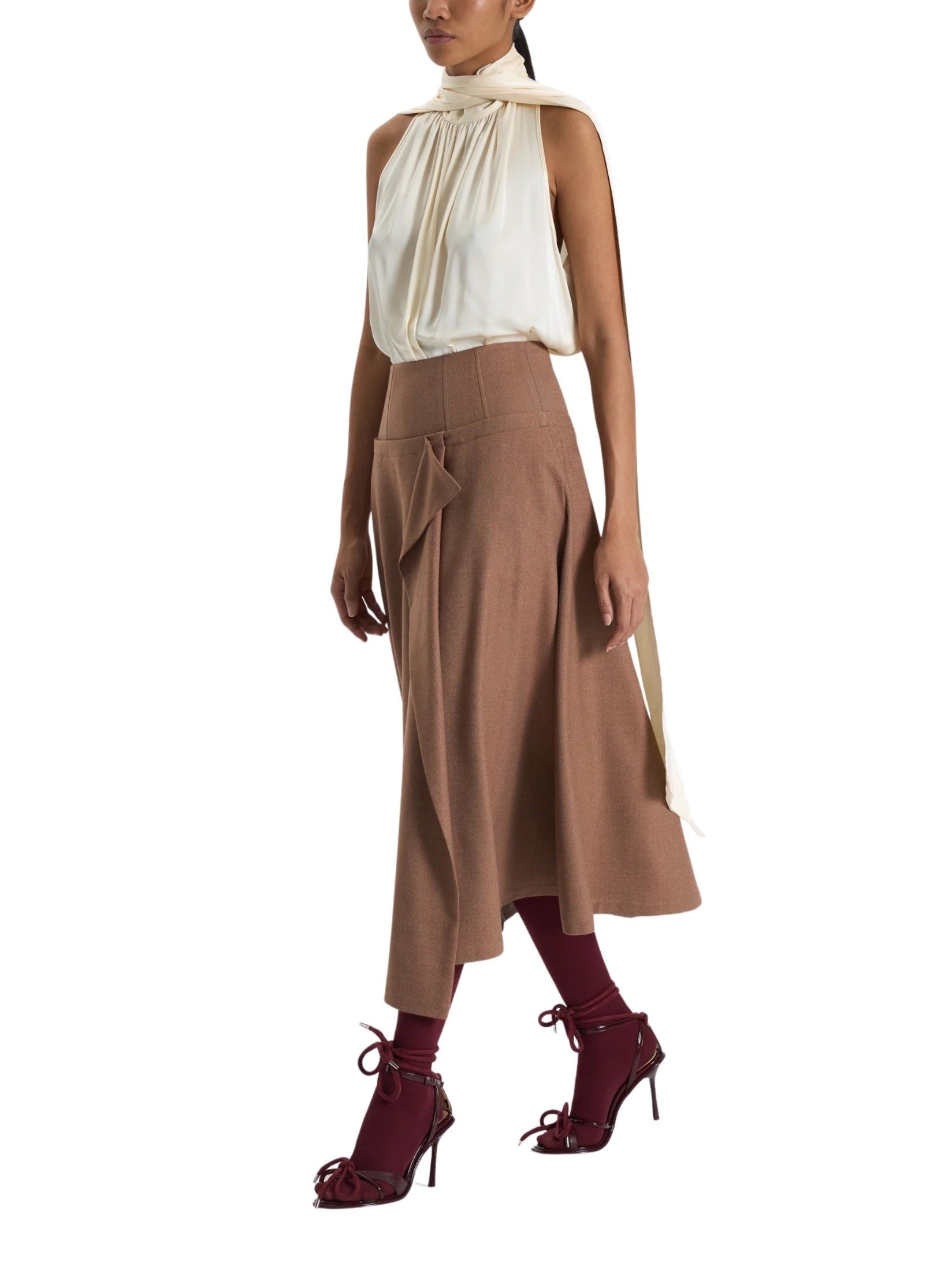 Caramel draped midi skirt