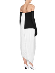 Form-fitting tube dress featuring twisted draping at the waist connecting the front and back panels