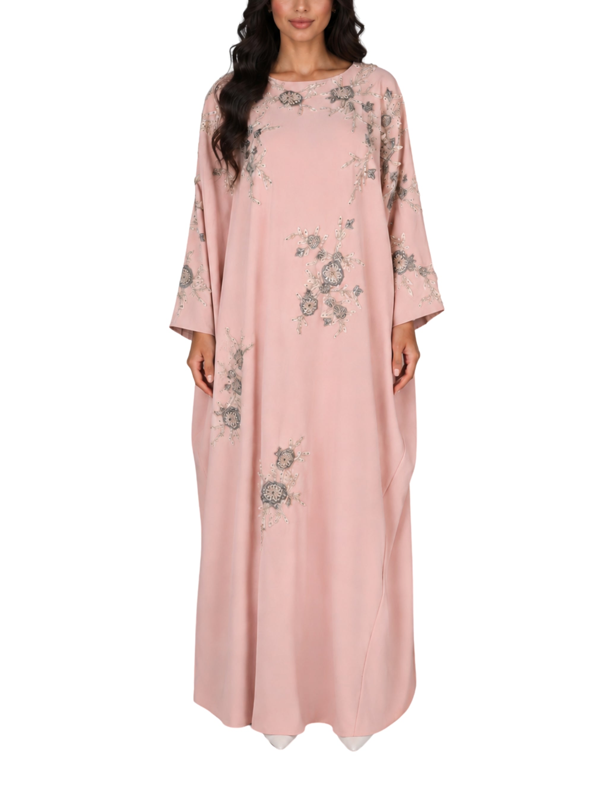 Hand embroiderd flowers -long sleeve dress-kaftan cut dress