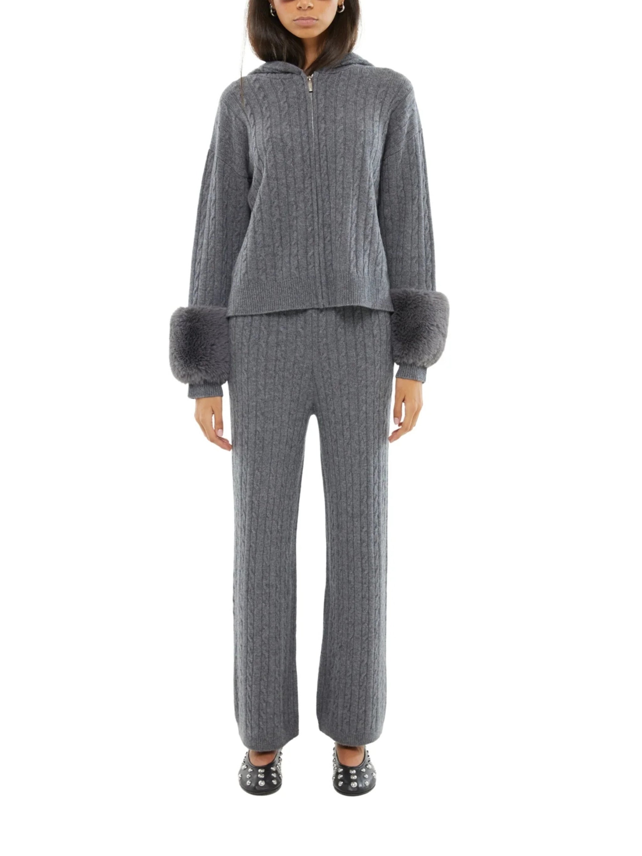 THE CABLE KNIT ZIP UP FAUX CUFF CARDIGAN IN STORM