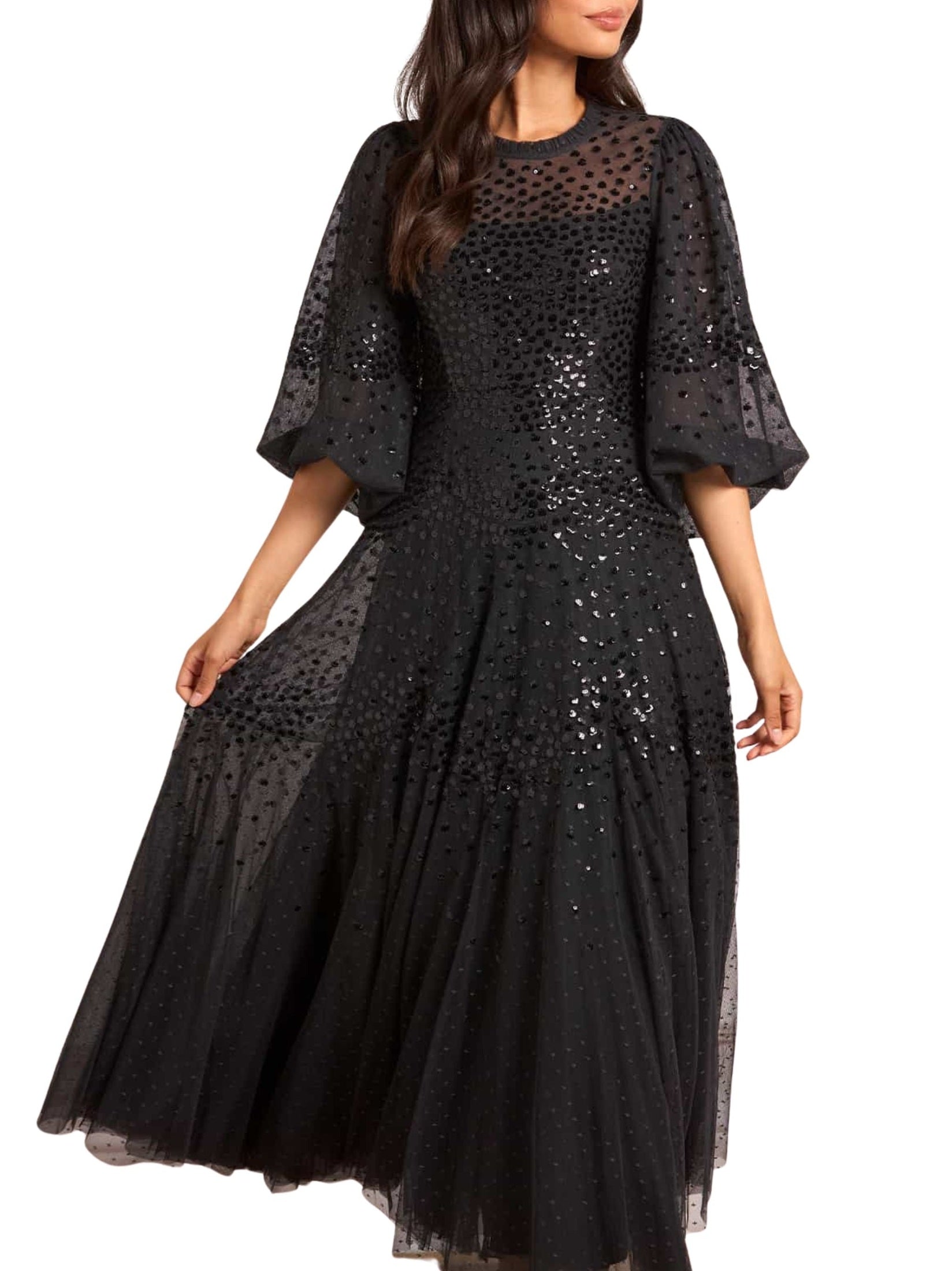 Scallop sequin round neck ankle gown