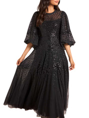 SCALLOP SEQUIN ROUND NECK ANKLE GOWN