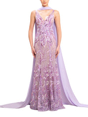 Bead embroidered long dress with scarf