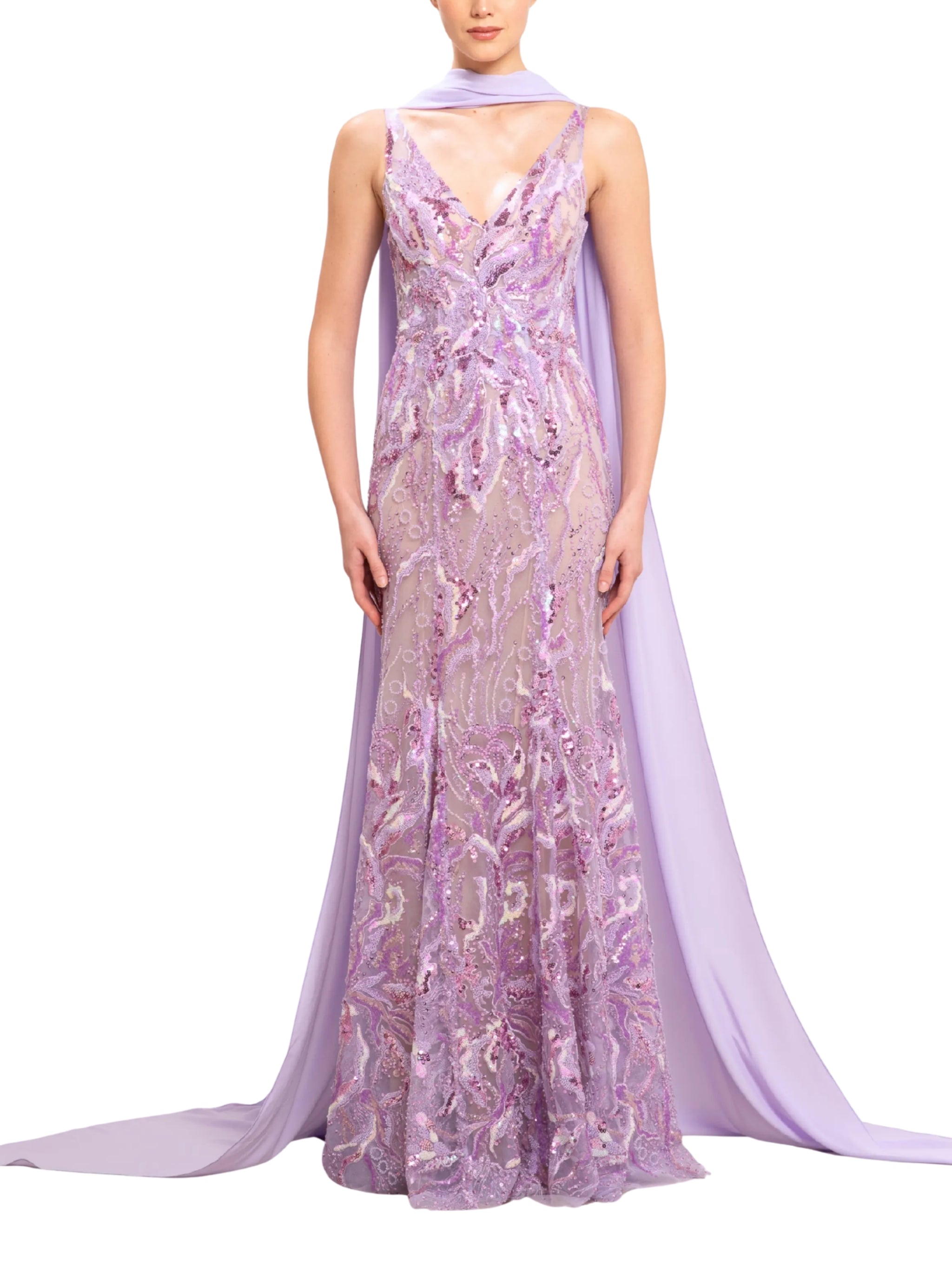Bead embroidered long dress with scarf