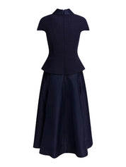 NAVY BOUCLÉ TAFFETA MIDI DRESS