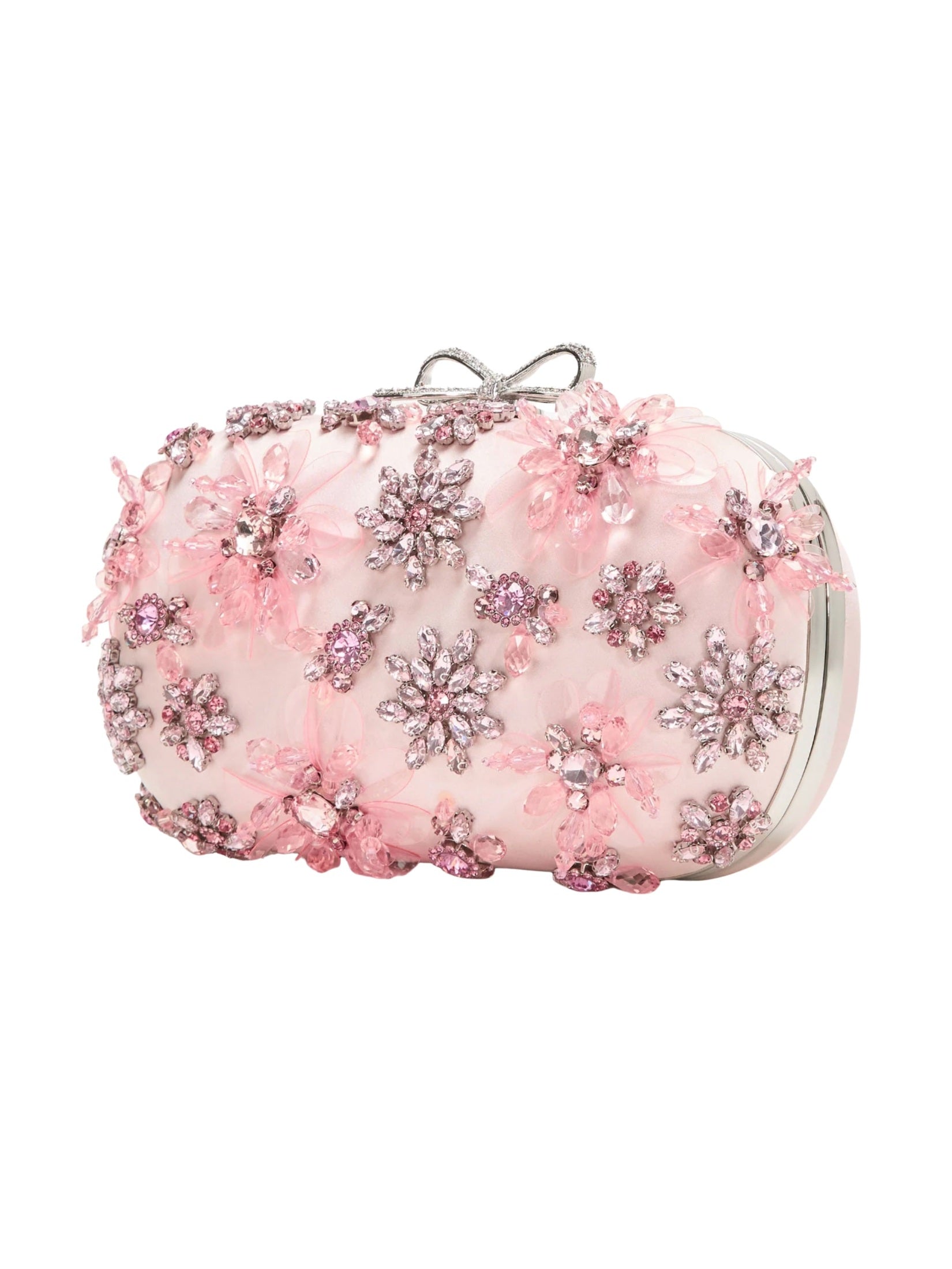 Pink satin floral crystal clutch