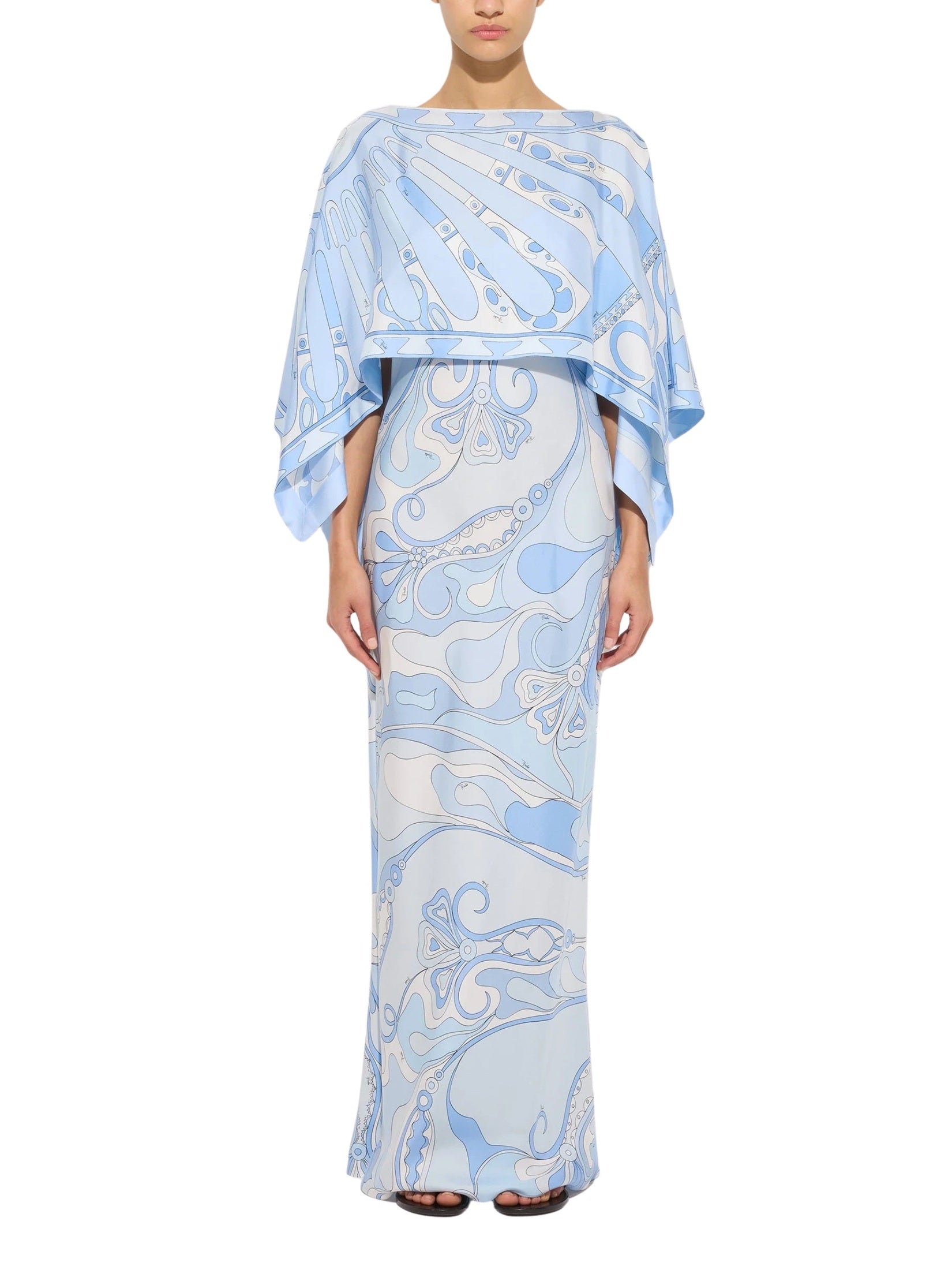 Orchidee and soleil print silk dress with cape