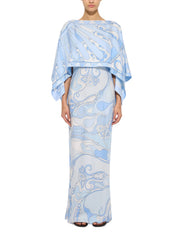 Orchidee and soleil print silk dress with cape
