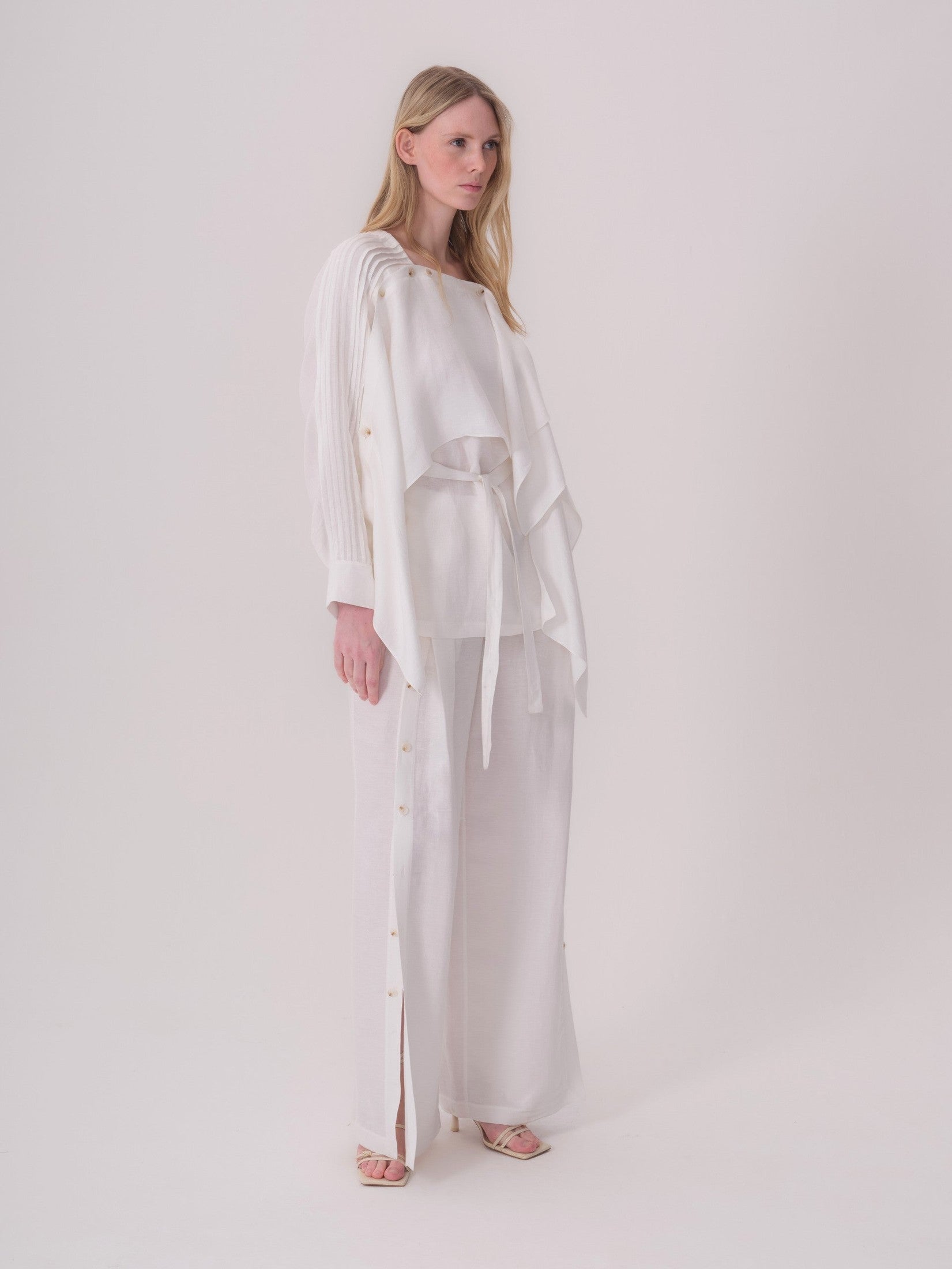 White Linen Blouse with Button Details