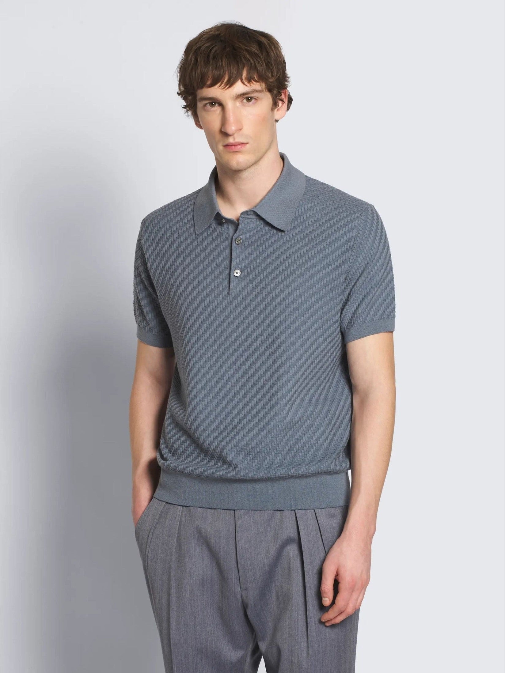 Steel blue cotton, silk and cashmere Trama weave polo