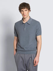 Steel blue cotton, silk and cashmere Trama weave polo