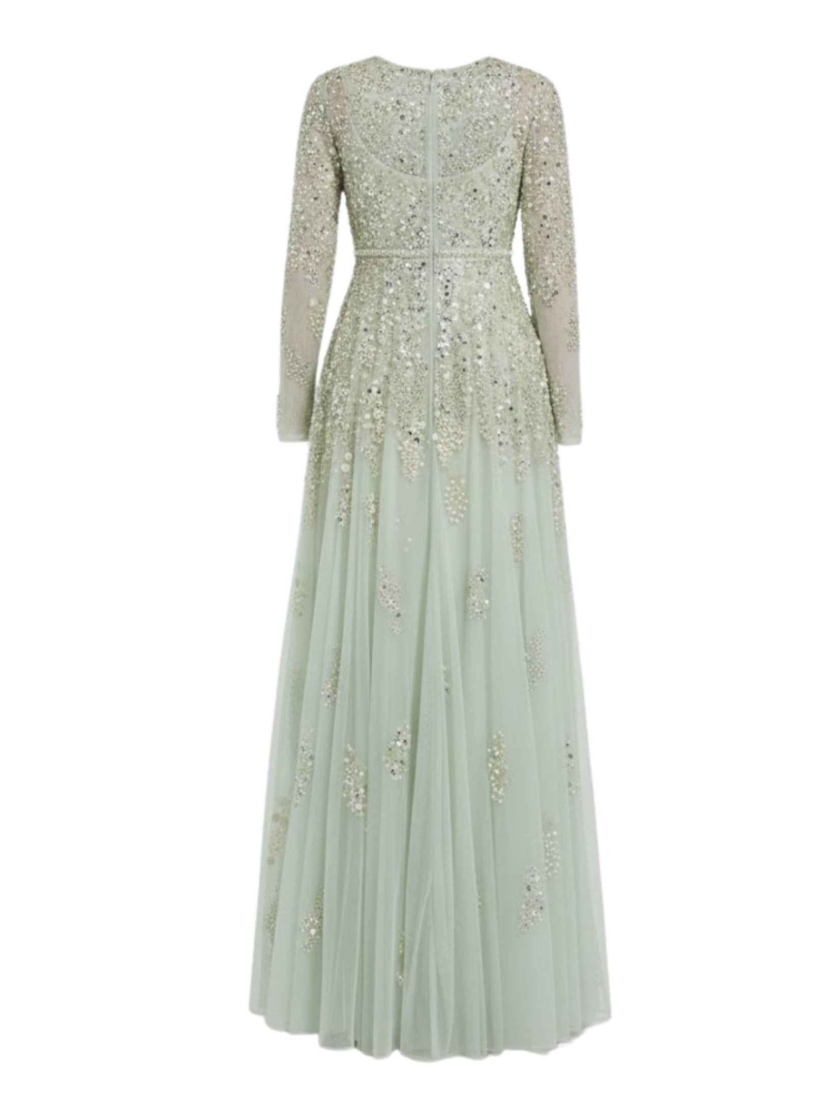 Green long sleeve sequin pearl embellished gown