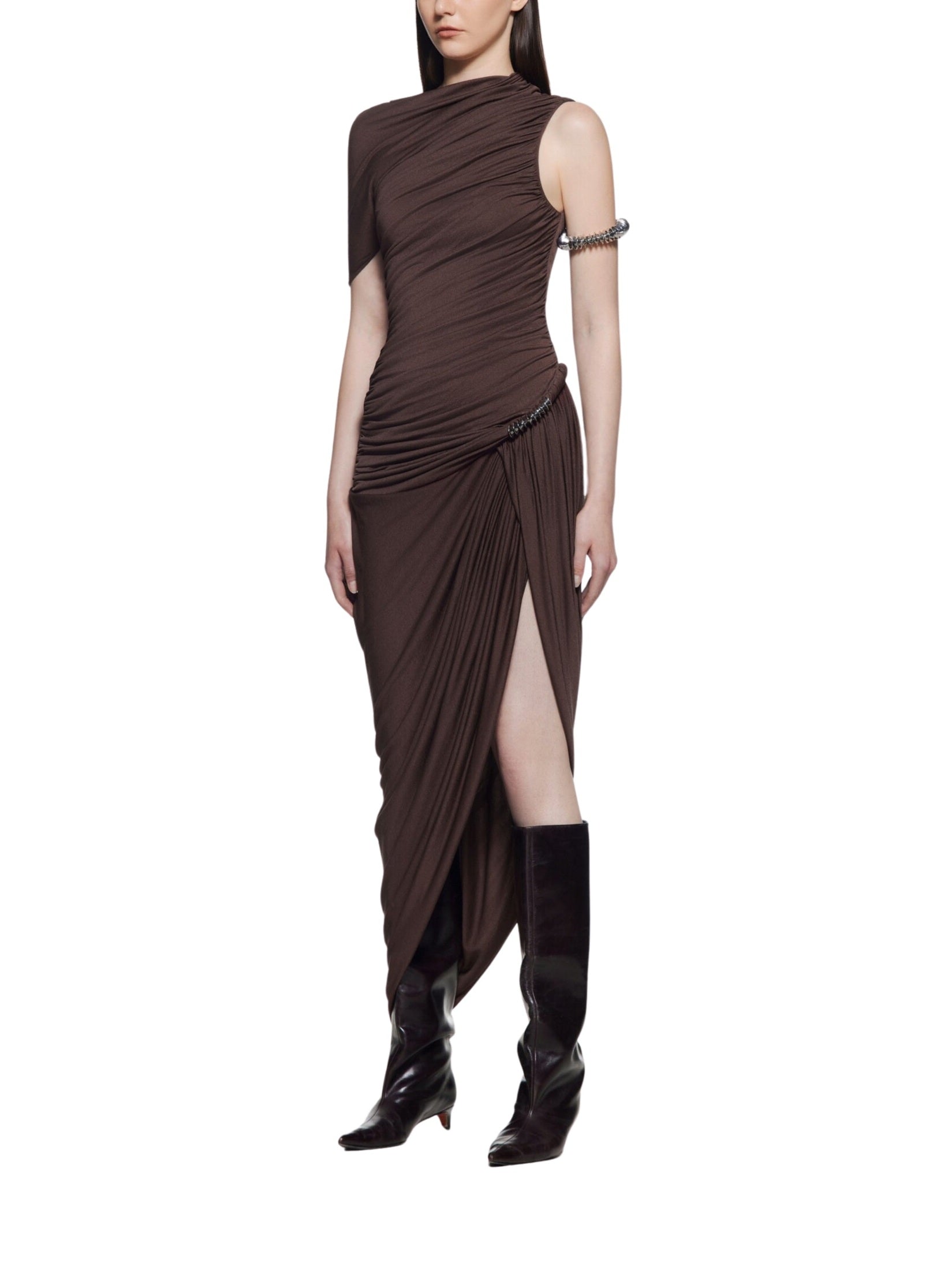Asymmetrical dress with ruching flap and signature