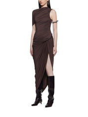ASYMMETRICAL DRESS WITH RUCHING FLAP AND SIGNATURE