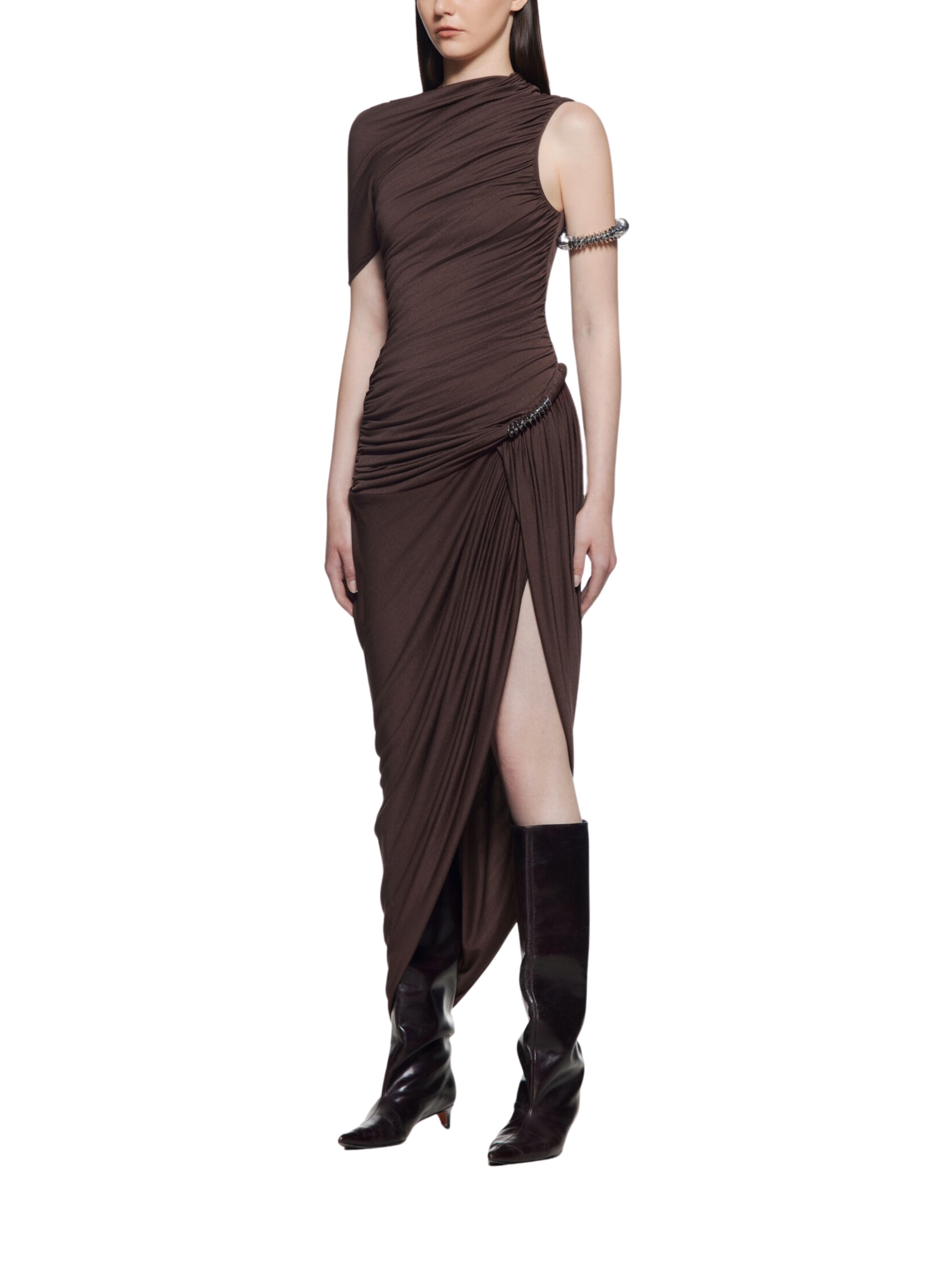 ASYMMETRICAL DRESS WITH RUCHING FLAP AND SIGNATURE