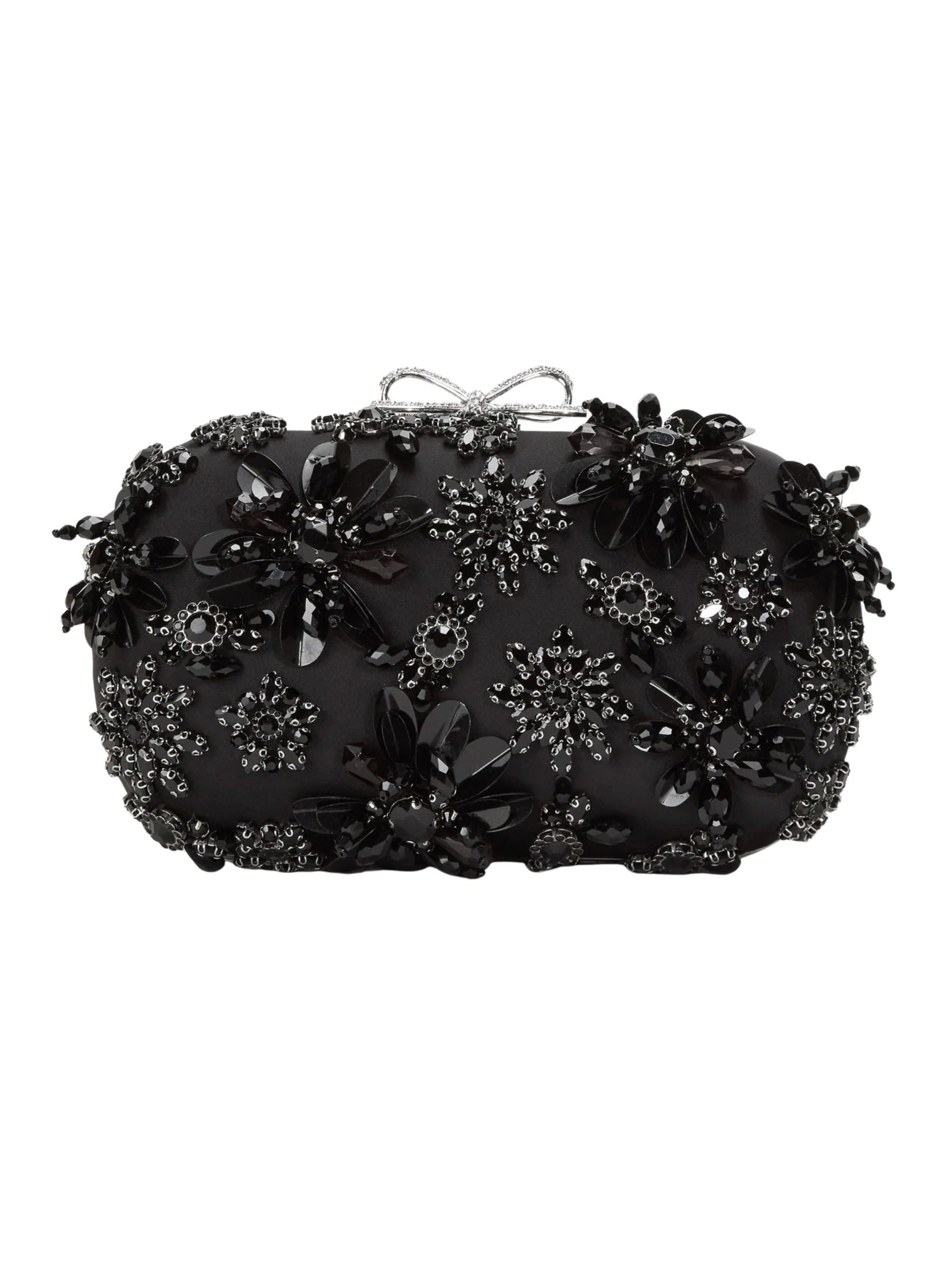Black satin floral crystal clutch bag
