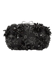 Black Satin Floral Crystal Clutch Bag