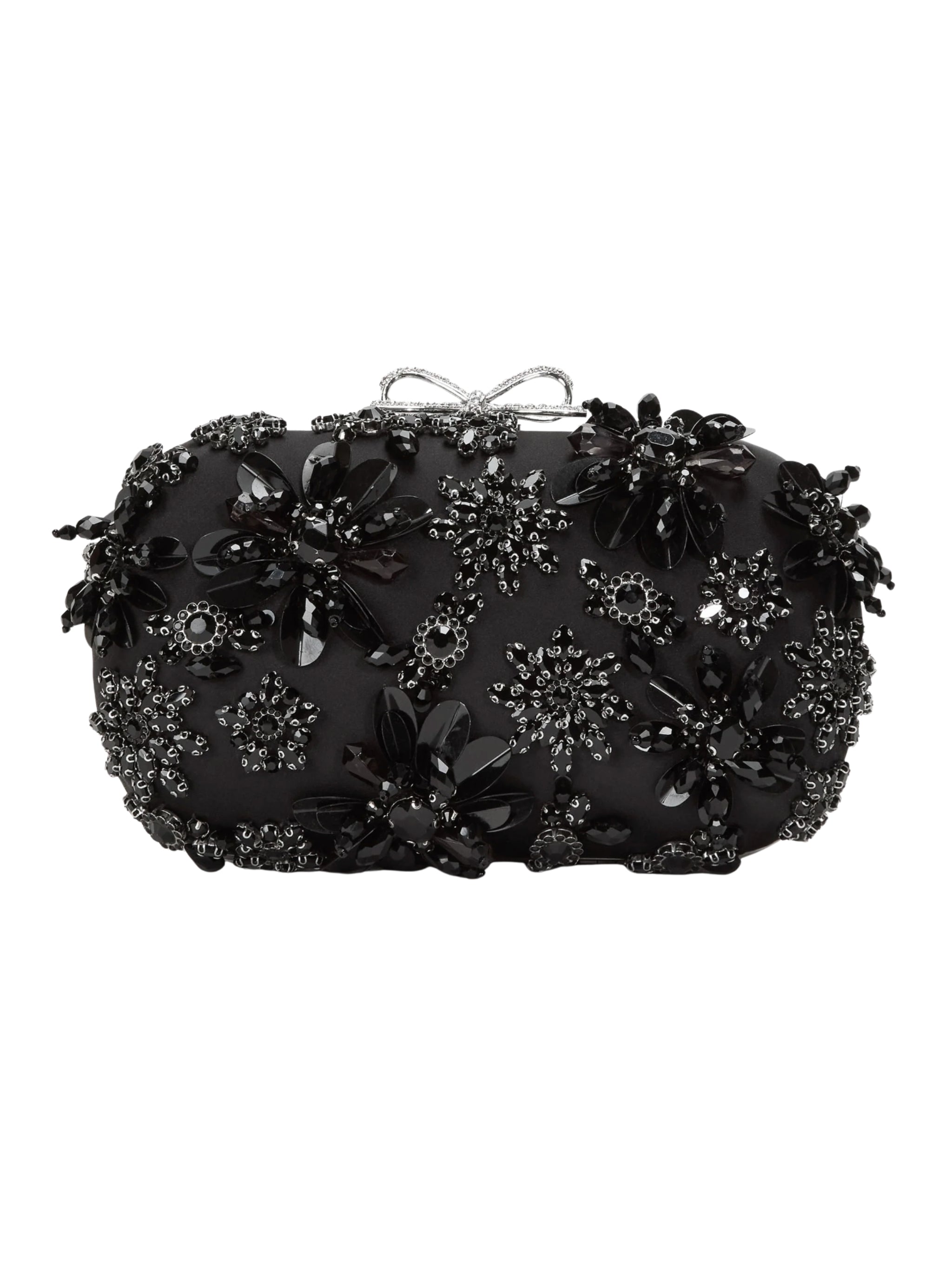 Black Satin Floral Crystal Clutch Bag