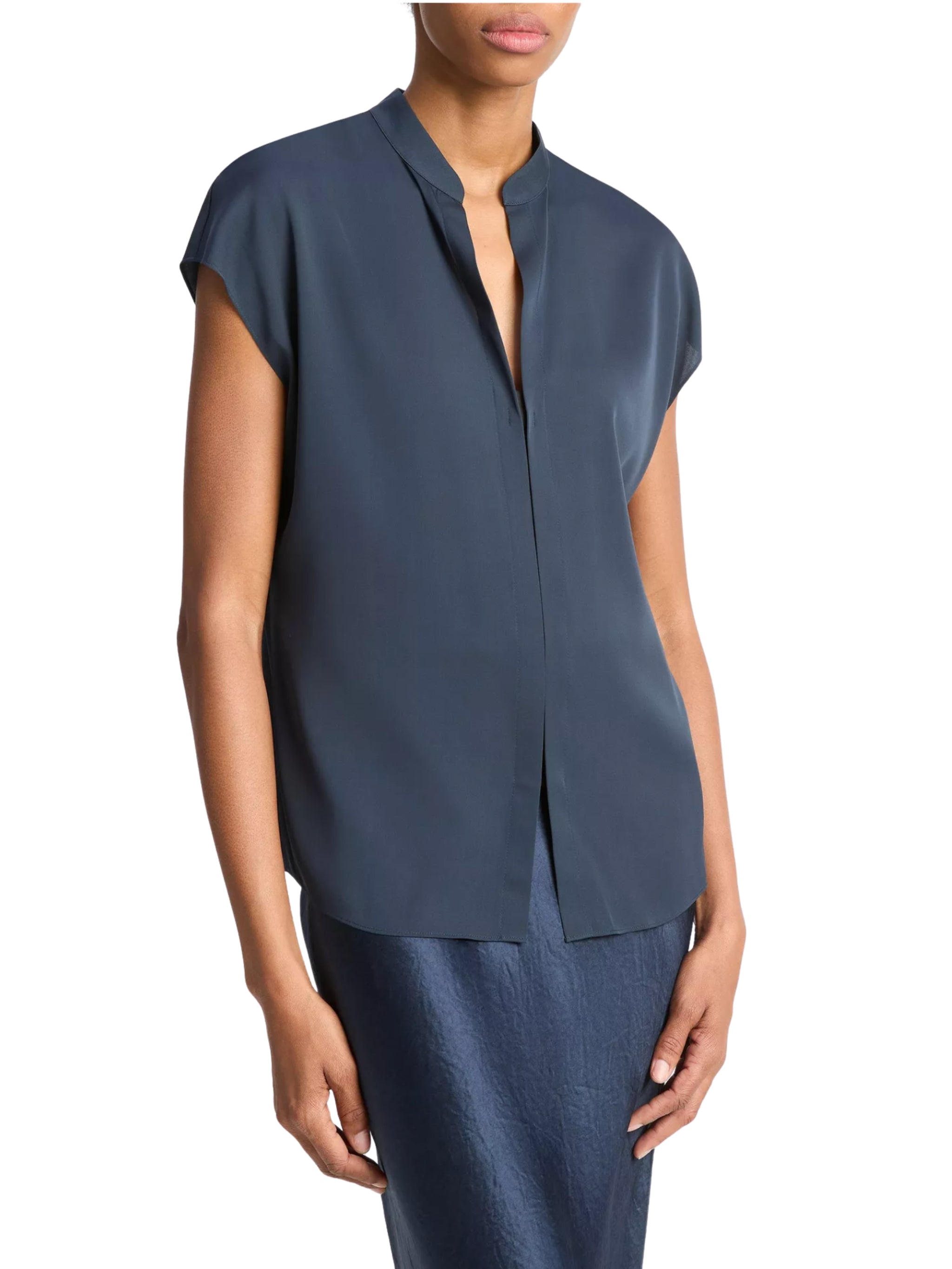 CAP SLV BLOUSE W/ CONTRAST HIDDEN PLKT