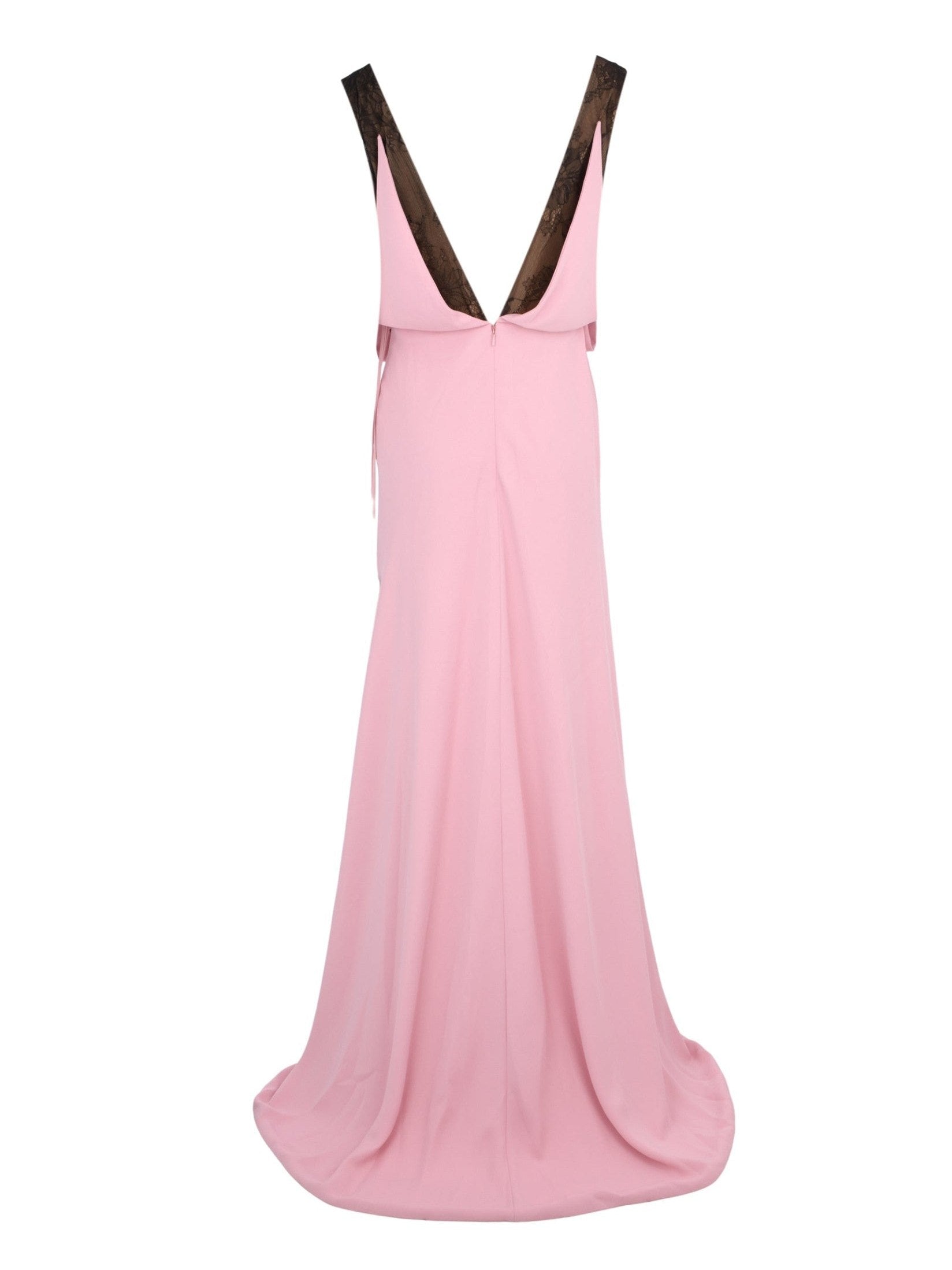 Crepe plunge gown w. chantilly lace & flower app.