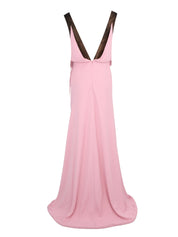 Crepe plunge gown w. chantilly lace & flower app.