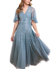 DAPPLED SEQUIN CAPE ANKLE GOWN