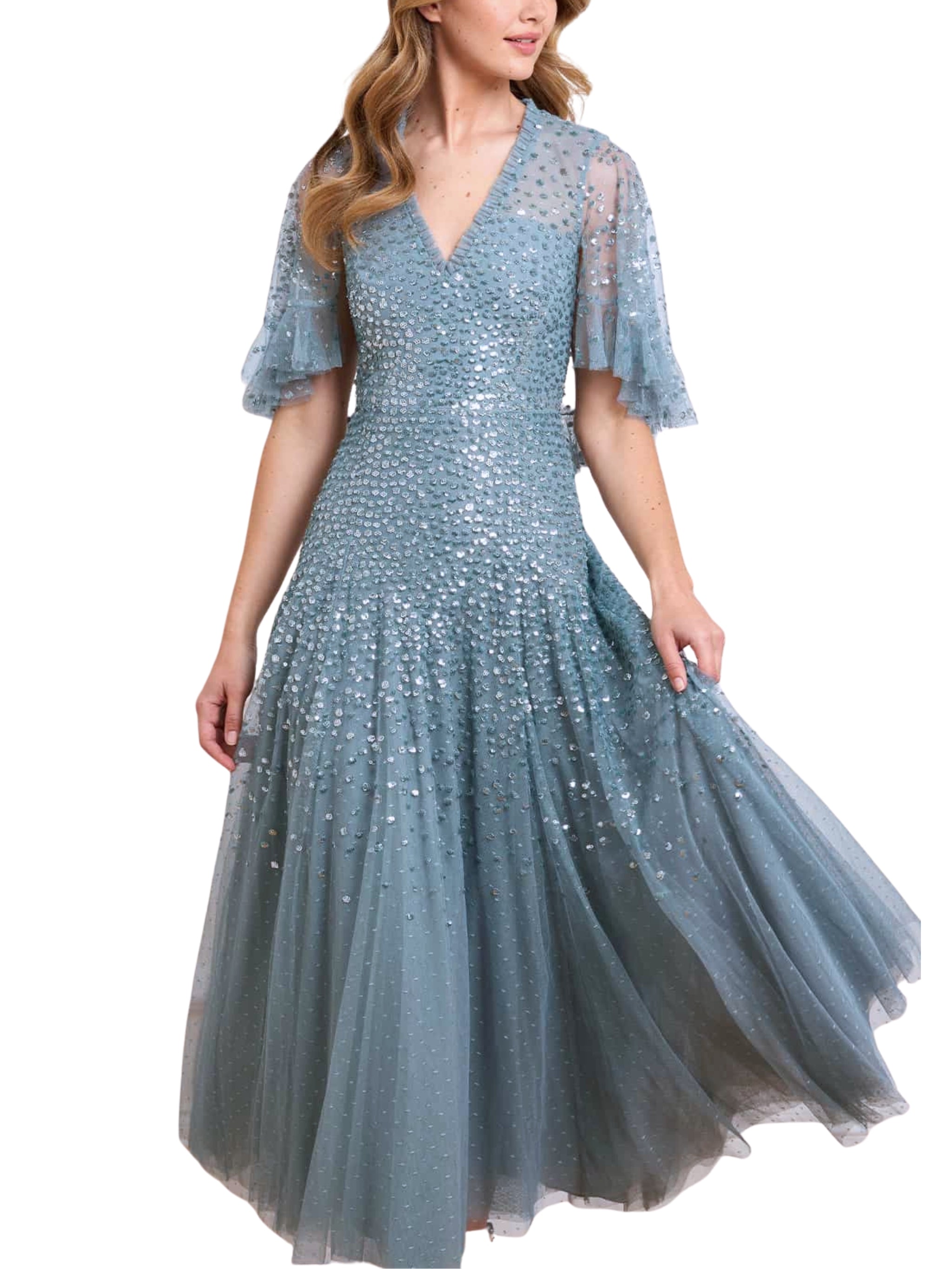 DAPPLED SEQUIN CAPE ANKLE GOWN