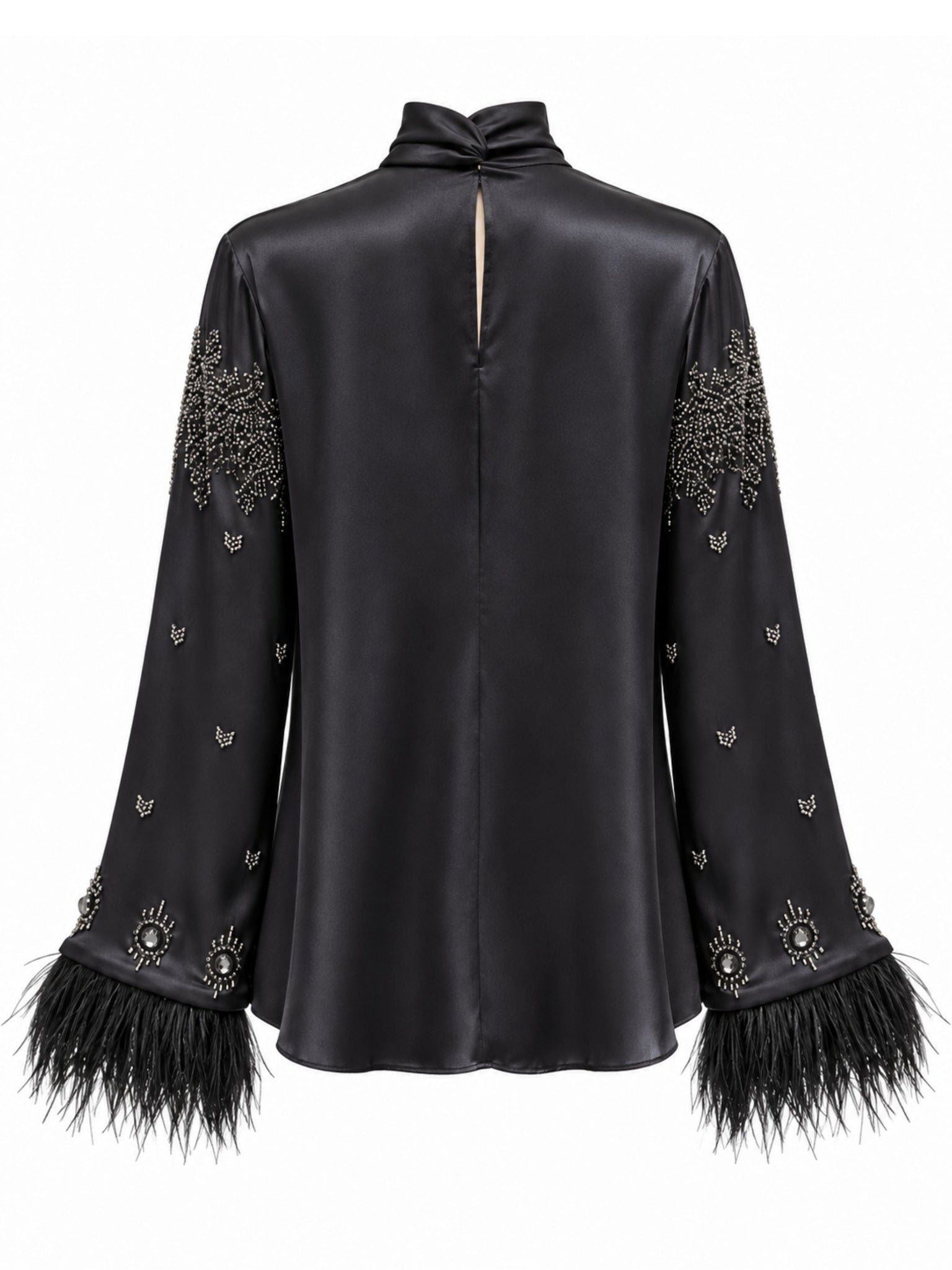 Embroidered and Feather Detailed Satin Blouse