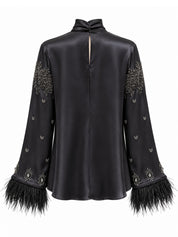 Embroidered and Feather Detailed Satin Blouse