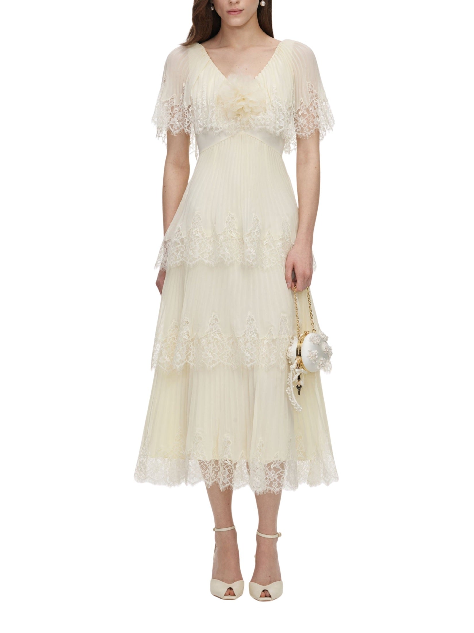 Yellow chiffon tiered midi dress