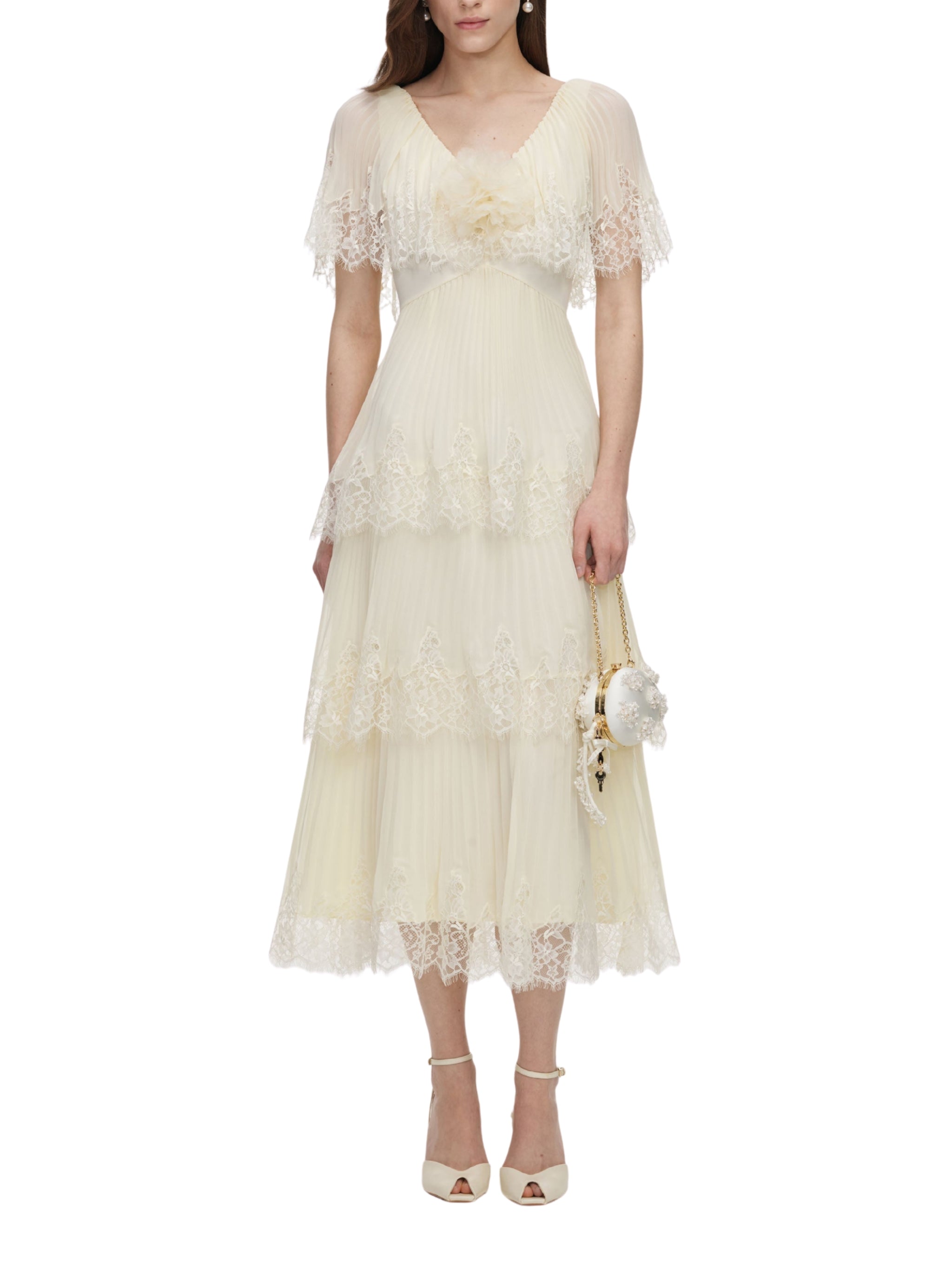 Yellow chiffon tiered midi dress