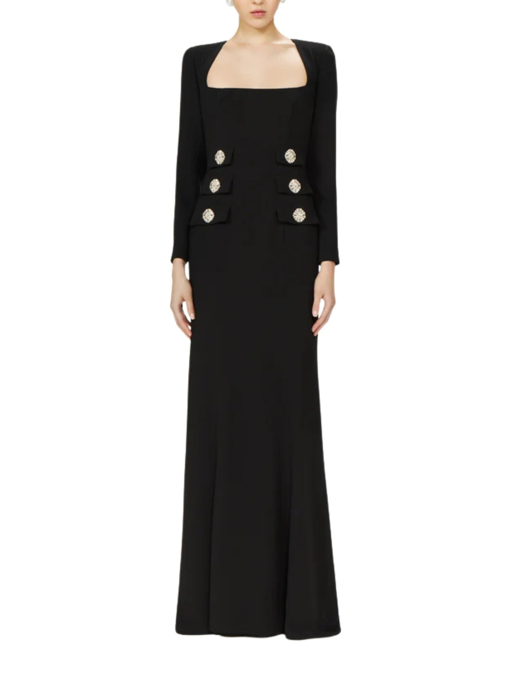 Kienna crepe square-neck gown with crystal buttons