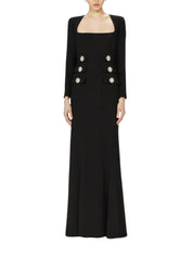 KIENNA CREPE SQUARE-NECK GOWN WITH CRYSTAL BUTTONS