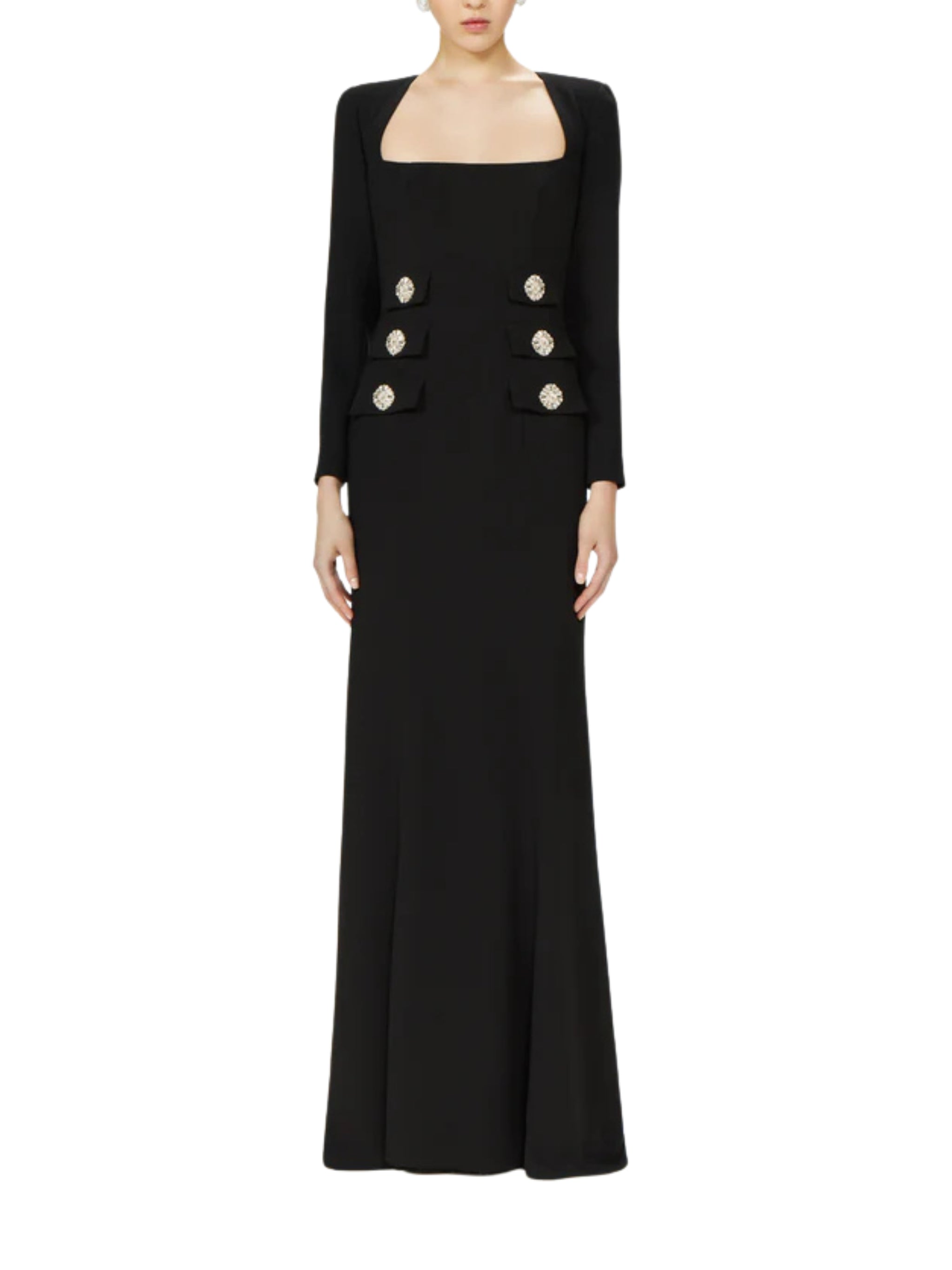 KIENNA CREPE SQUARE-NECK GOWN WITH CRYSTAL BUTTONS