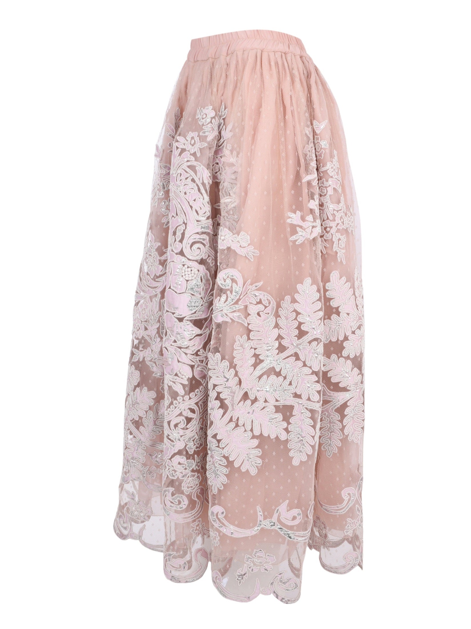 Mabel full elastic waistband tulle gathered mid length skirt with cord lame embroidery applique
