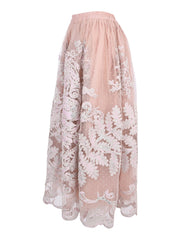Mabel full elastic waistband tulle gathered mid length skirt with cord lame embroidery applique