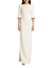 3/4 sleeve column gown with boat neckline