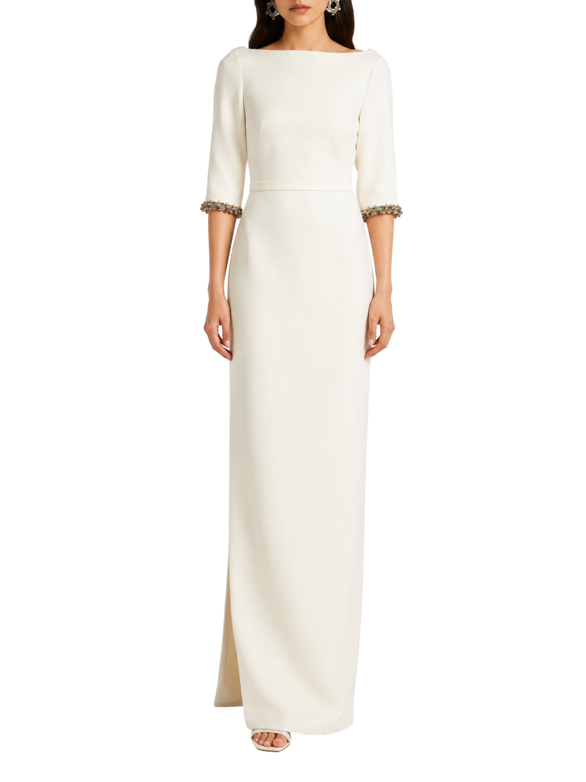 3/4 sleeve column gown with boat neckline