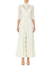 JUNIA COTTON-BLEND CORDED LACE GODET GOWN WITH ILLUSION NECKLINE