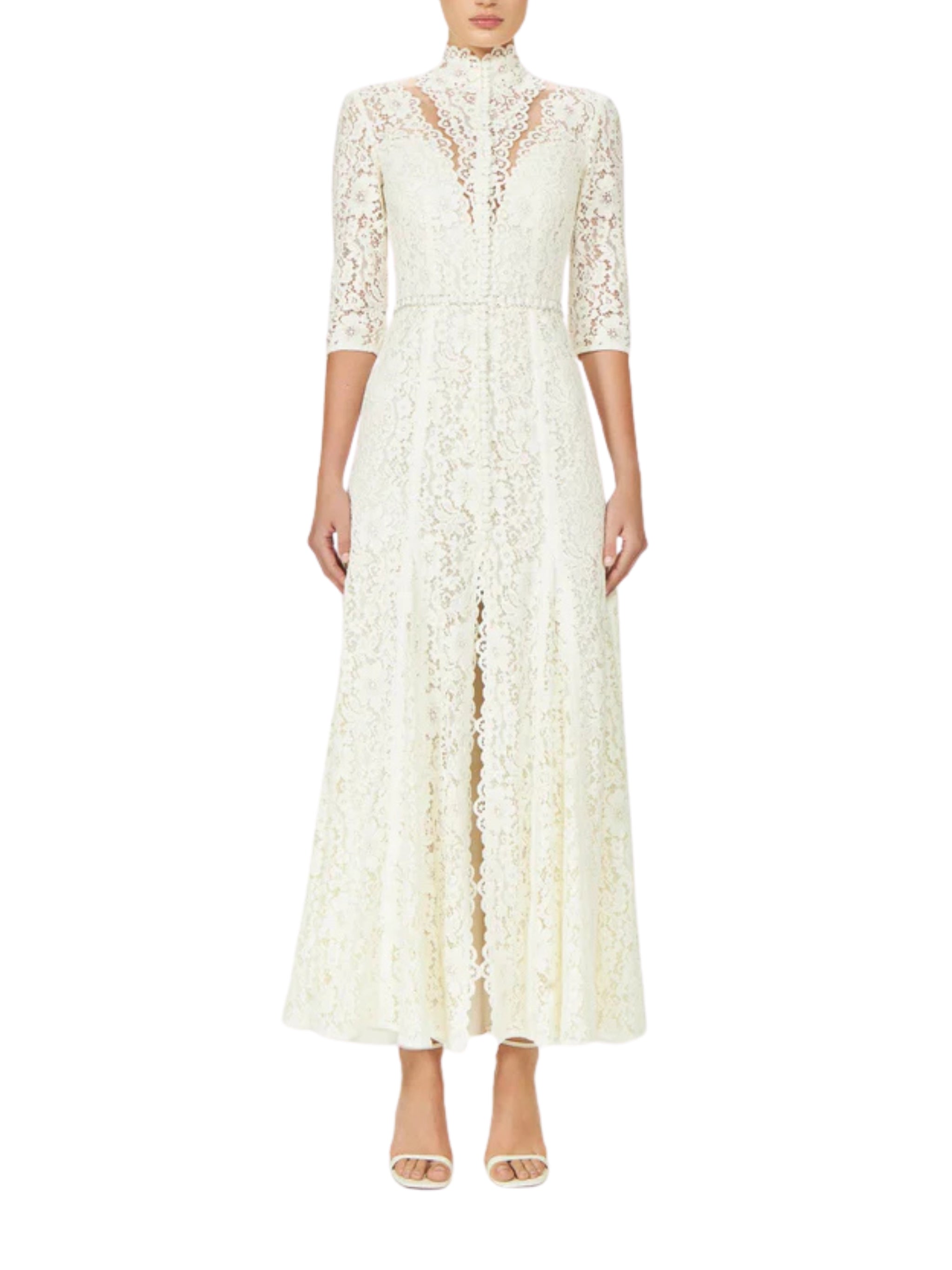 JUNIA COTTON-BLEND CORDED LACE GODET GOWN WITH ILLUSION NECKLINE