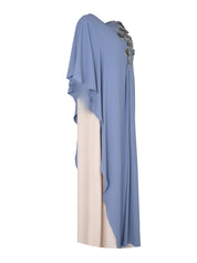 Blue-Beige Hand-Embroidered Pleated Shoulder Modest Dress