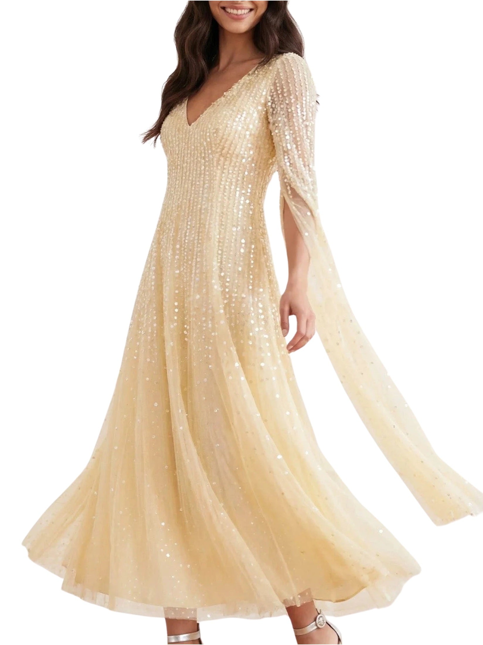 Moonlight sequin v-neck cape sleeve ankle gown