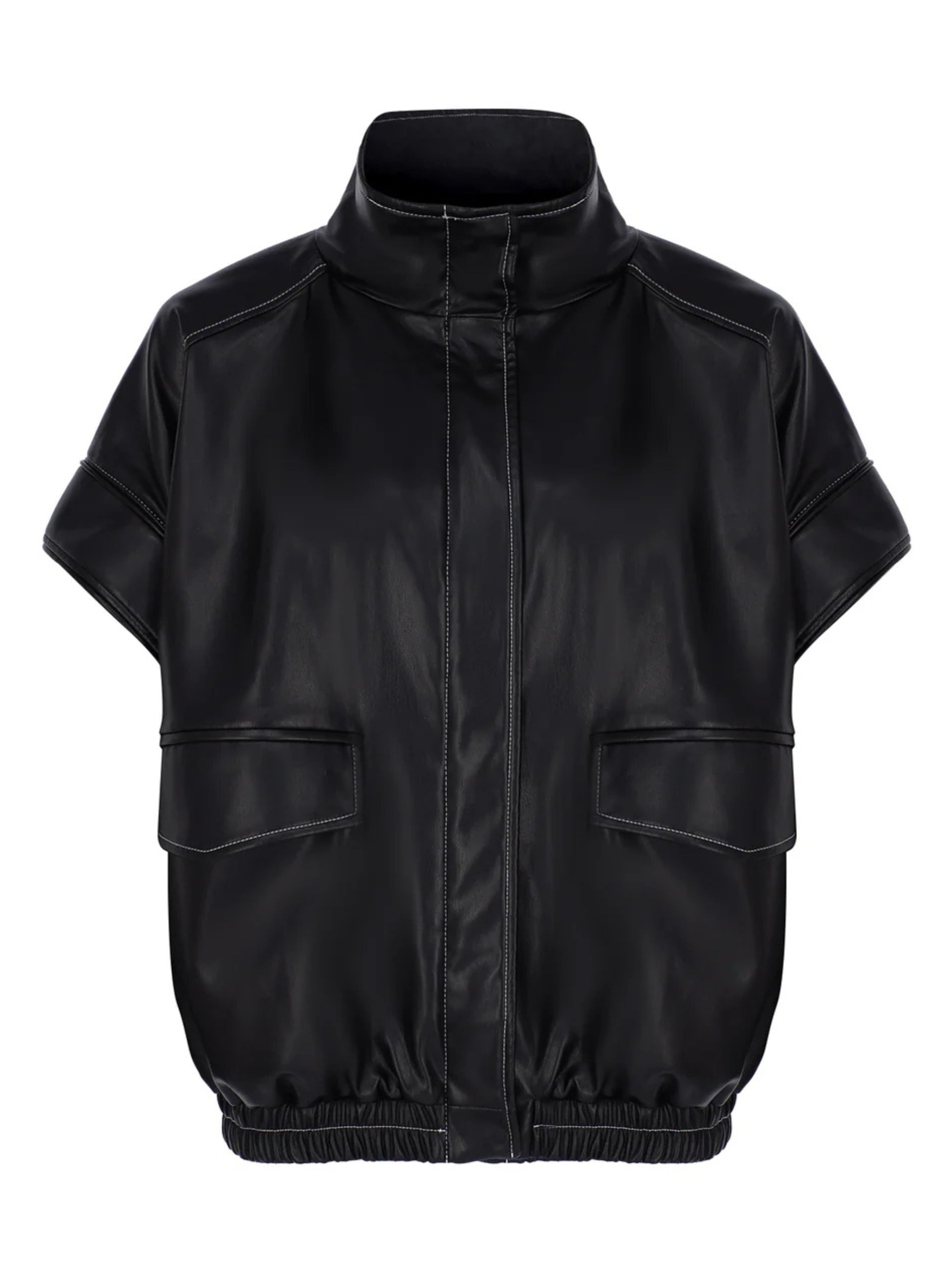 BLACK VEGAN LEATHER WITH STITCHING DETAIL JACKET-VEST
