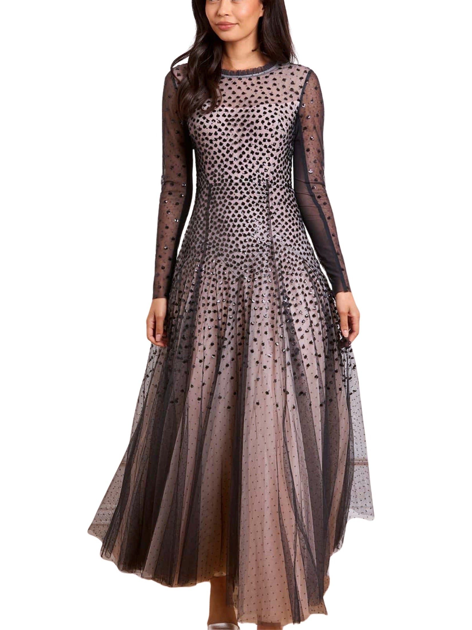 Sequin cascade round neck gown
