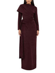 Long sleeves dress strait cut with pleated rap around shoulder short rap