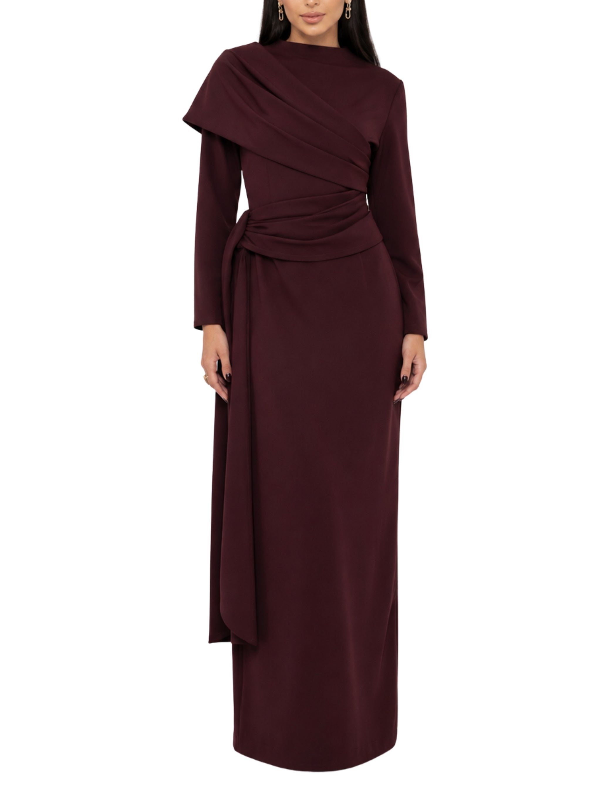 Long sleeves dress strait cut with pleated rap around shoulder short rap