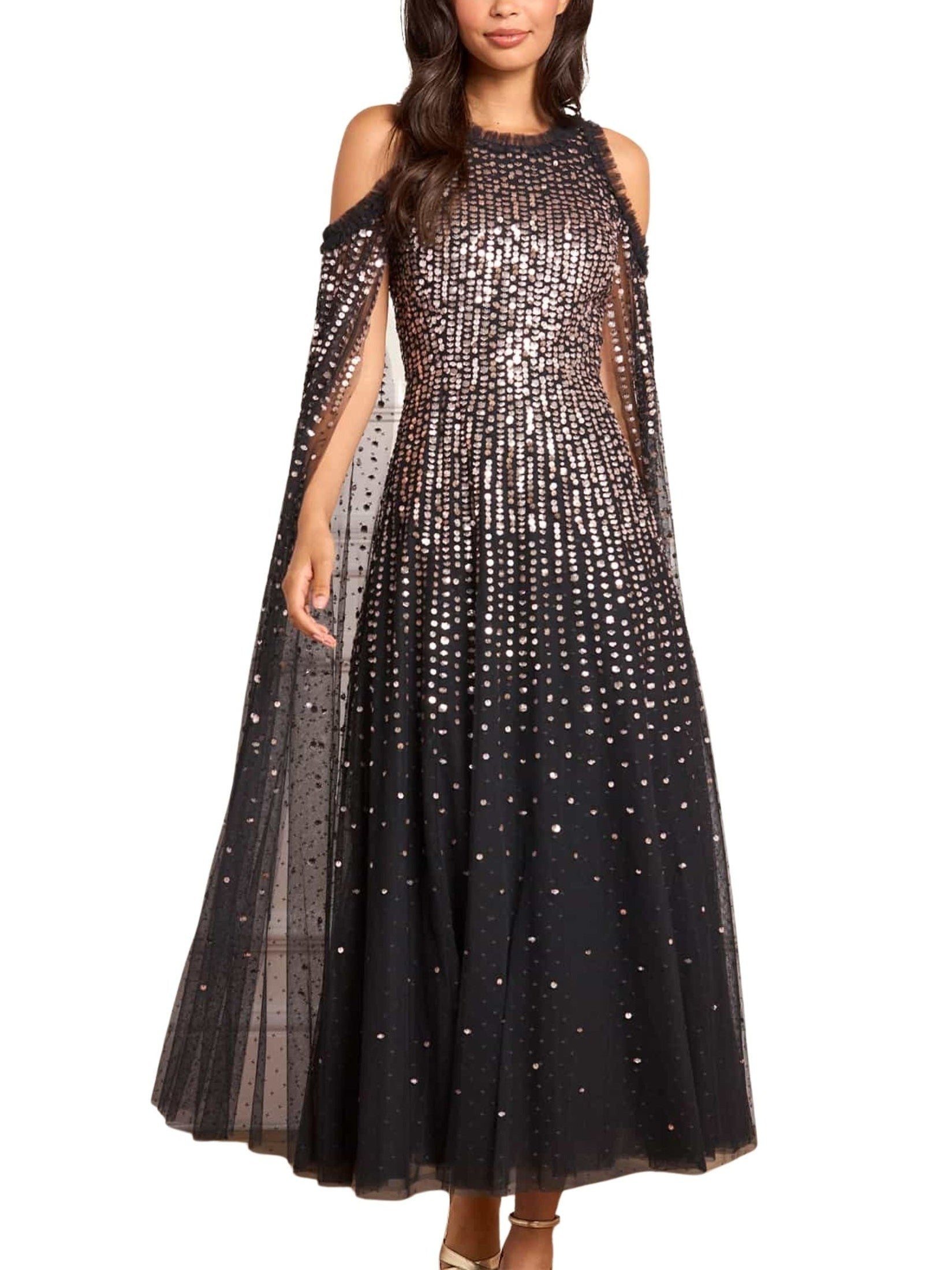 Moonlight sequin cape sleeve ankle gown