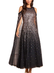 MOONLIGHT SEQUIN CAPE SLEEVE ANKLE GOWN